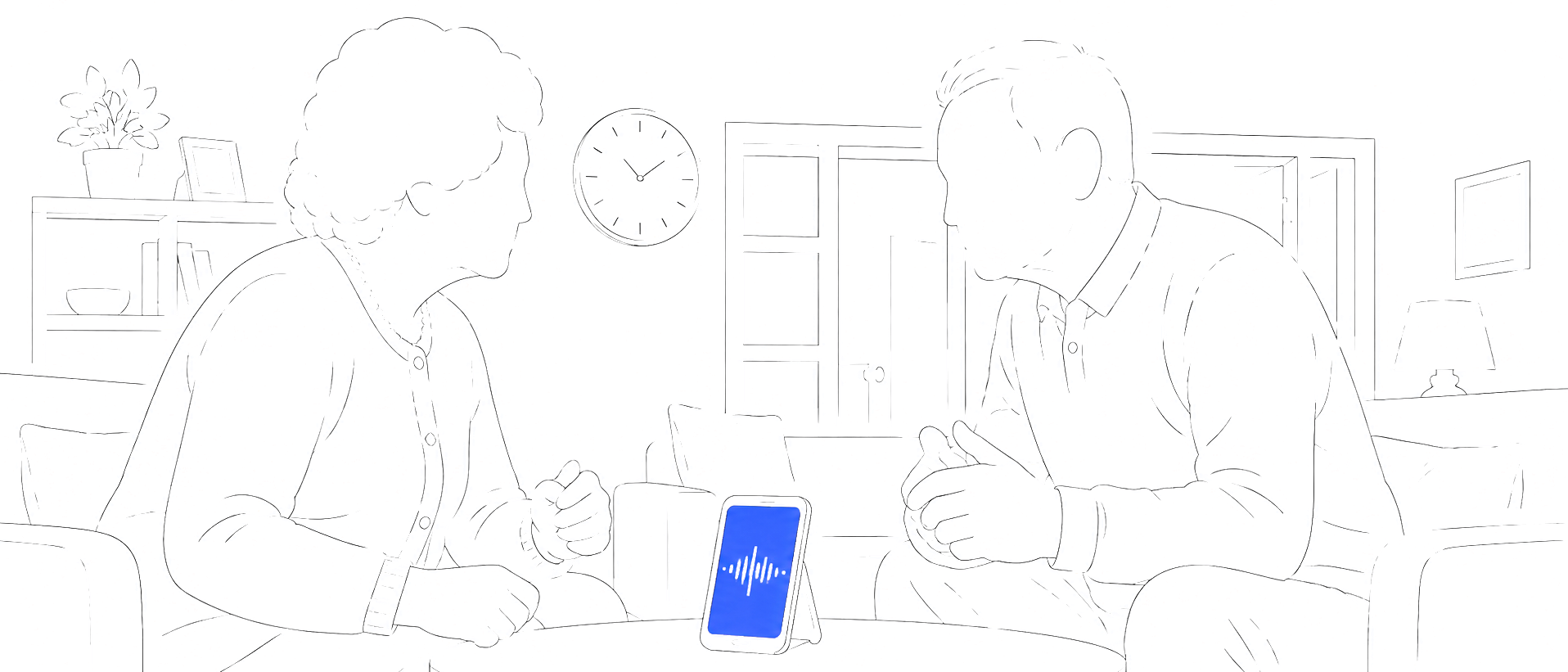 Line drawing of an older couple sitting together at home in conversation, a phone on the low table recording a voice note