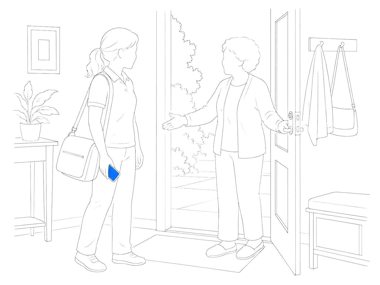 Line drawing of a caregiver arriving at the front door of a home, welcomed in by an older woman