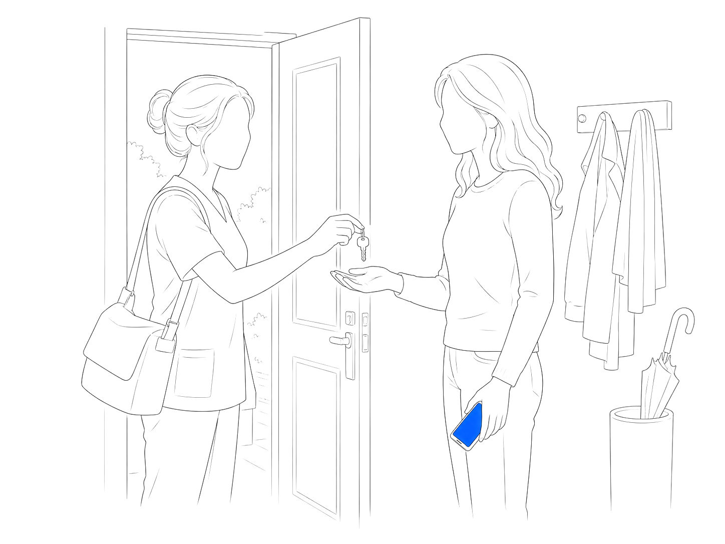 Line drawing of a departing caregiver handing a house key to an adult daughter at the front door